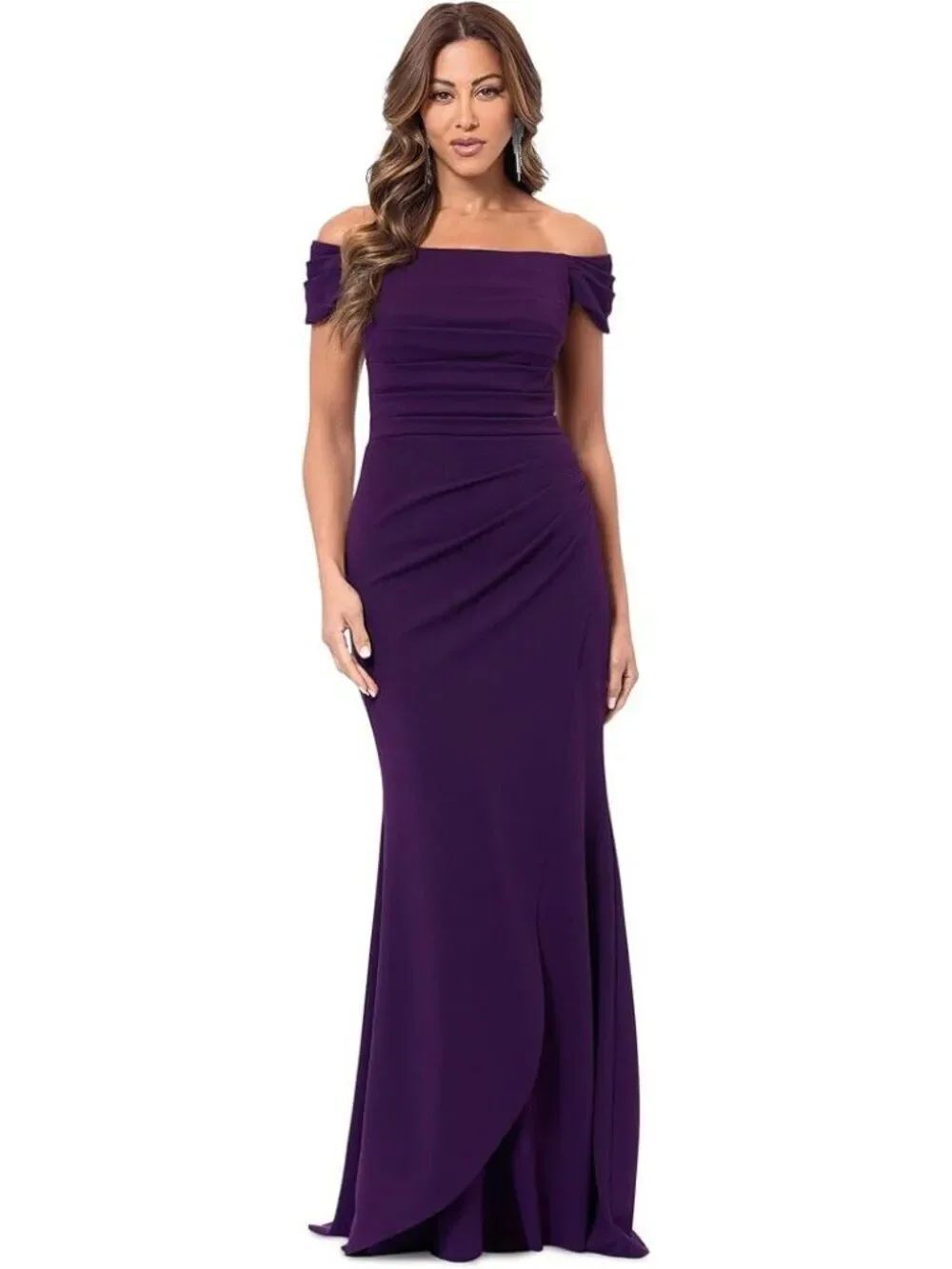 Xscape Women’s Purple Ruched Off Shoulder Draped Detail Maxi Dress Size 16